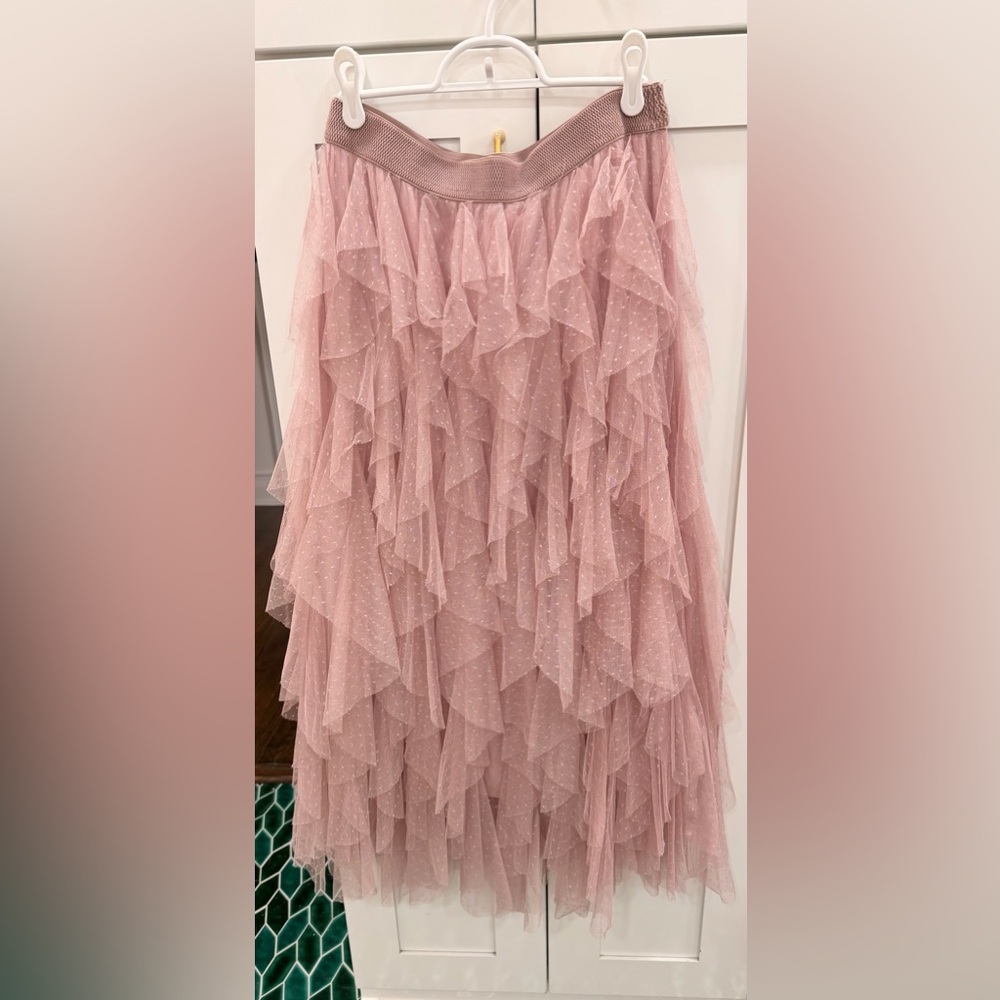 Anthropologie Dusty Pink Ruffled Tulle Midi Skirt Size M